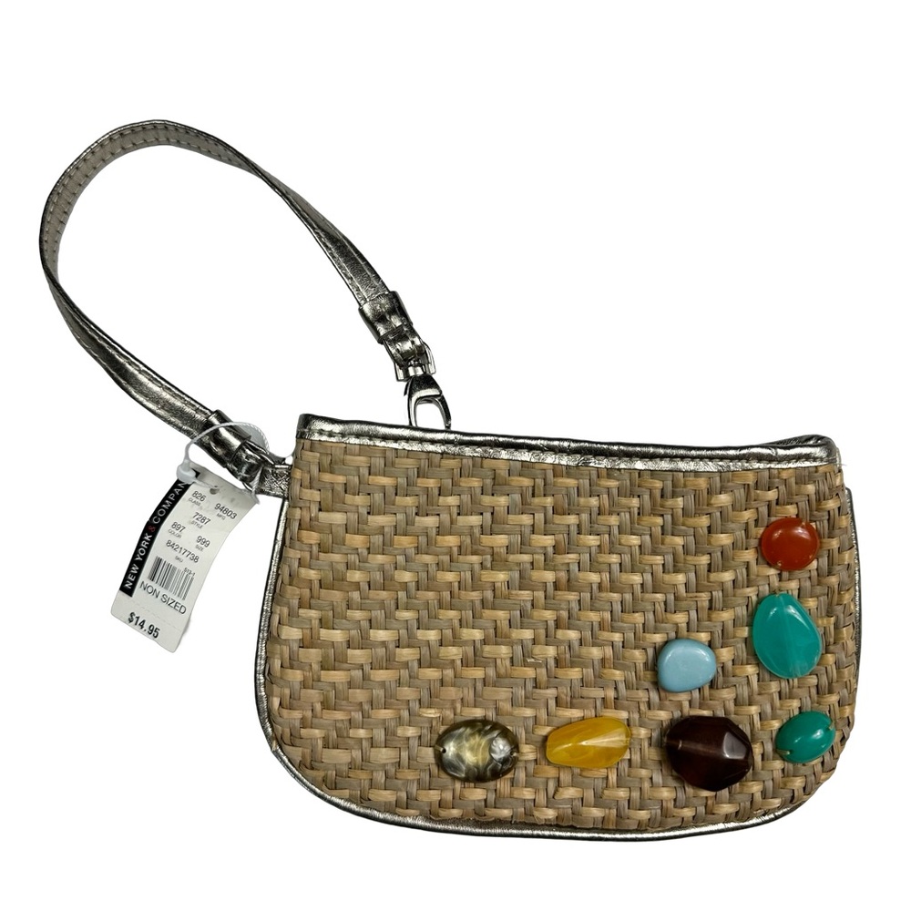 New York & Company Woven Straw Beachy Beaded Metallic Silver Wrislet Wallet NWT